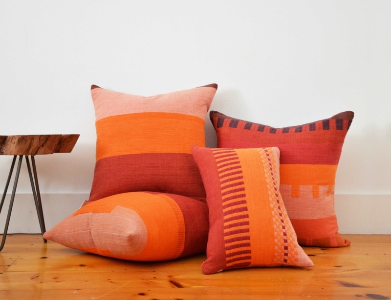 Throw Pillow with Terracotta and Cream Block Stripe, Woven Boho Accent