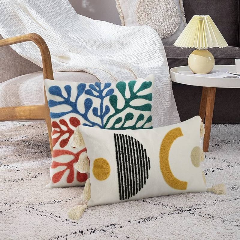 Throw Pillow with Tufted Abstract Art and Matisse Inspired Style