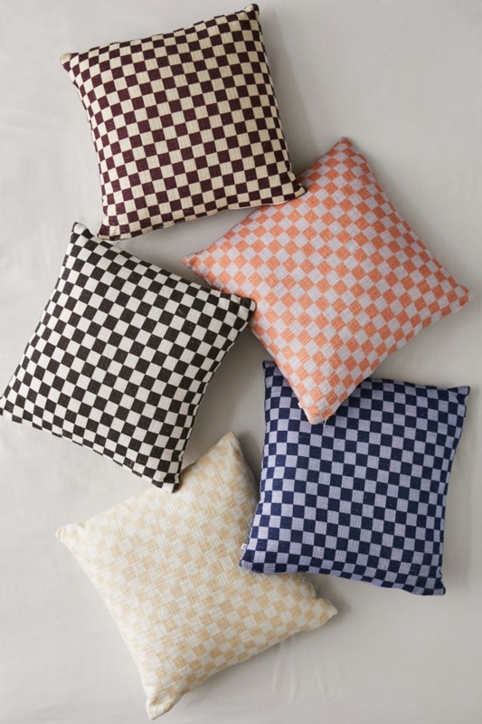 Throw Pillow with Tufted Surface, Blue & Cream Checkerboard Shag