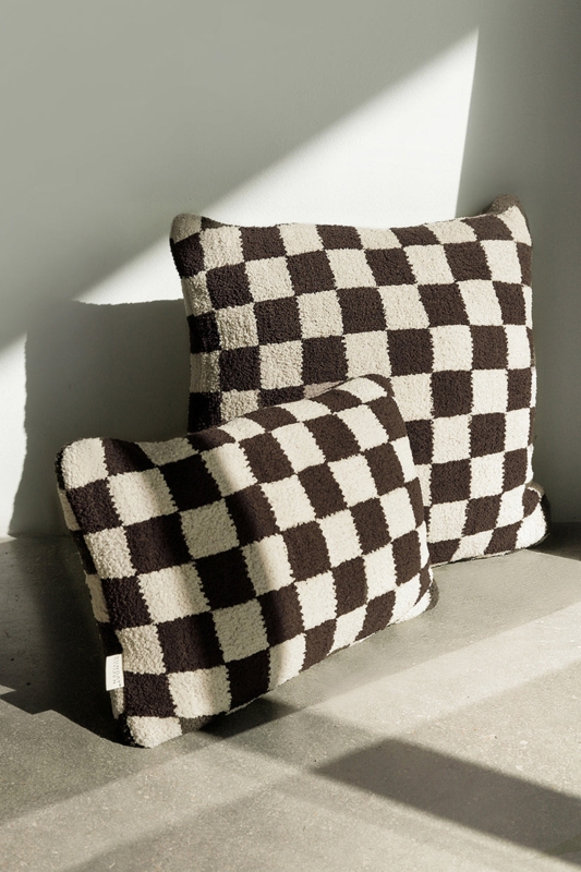 Throw Pillow with Two-Tone Mocha & Tan Checkerboard, Plush Knit