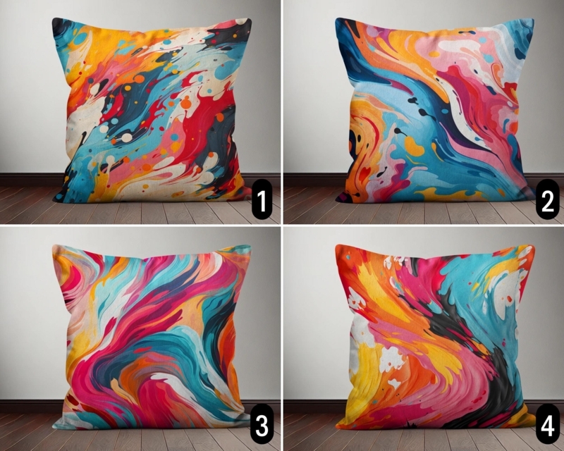 Throw Pillow with Vivid Brushstrokes, Abstract Waves and Vibrant Palette