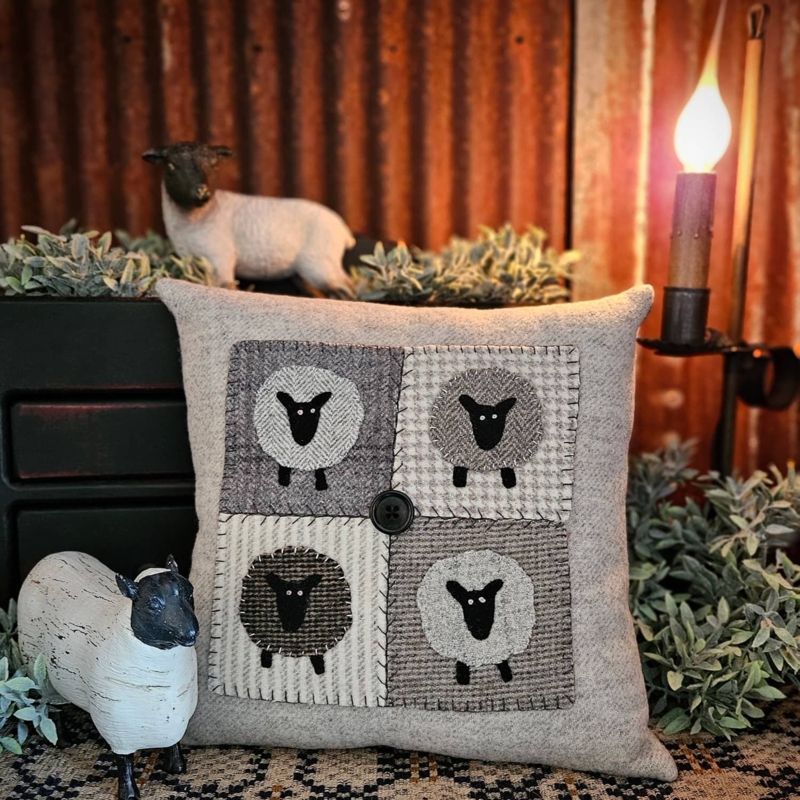 Throw Pillow with Wool Folk Art Sheep Applique in Four Pane Design