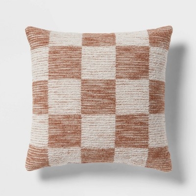 Throw Pillow with Woven Jacquard Checkerboard, Light Brown
