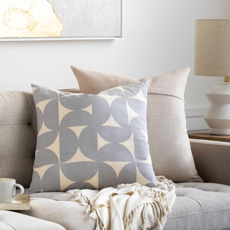 Throw Pillow with Woven Tribal Pattern, Grey Geometric Bohemian Decor.