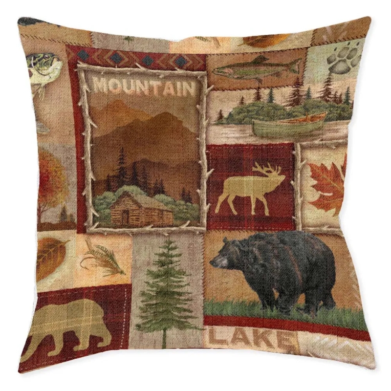 Throw Pillow, Woven Collage Pattern, Woodland Nature Imagery, Rustic Lodge