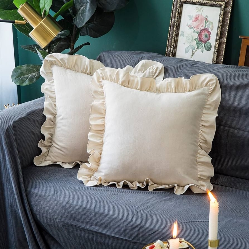 Throw Pillow Woven Fabric Beige Ruffle Trim Farmhouse Cottage Cushion