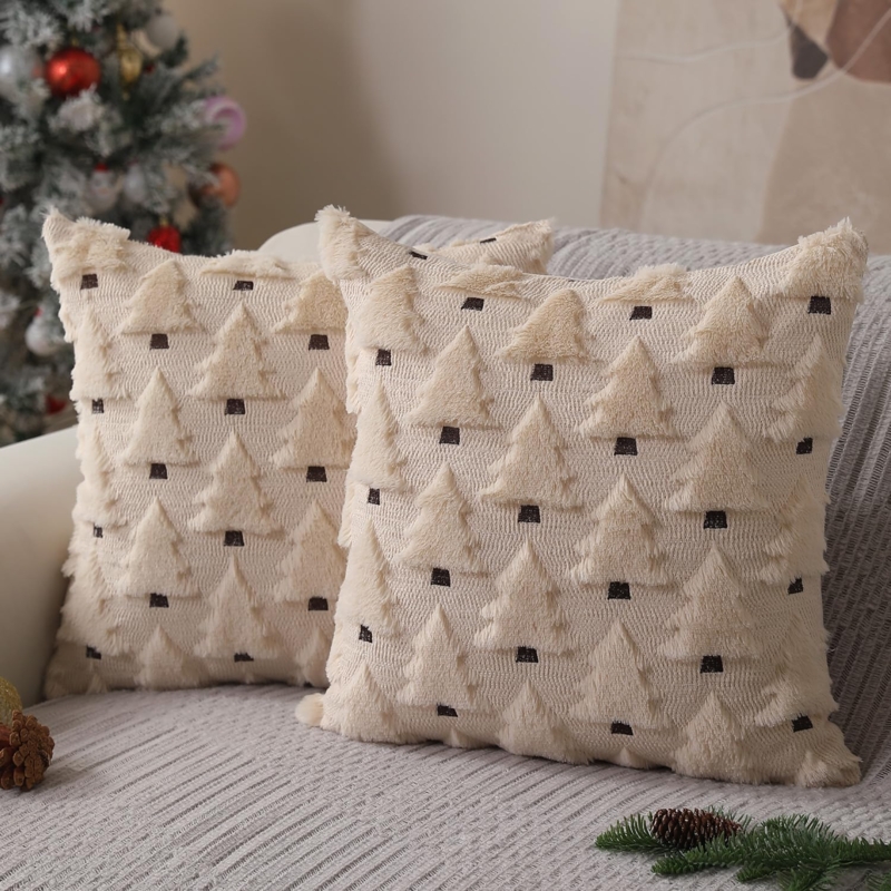 Throw Pillows Beige Wool-Like Fabric Embroidered Evergreen Trees