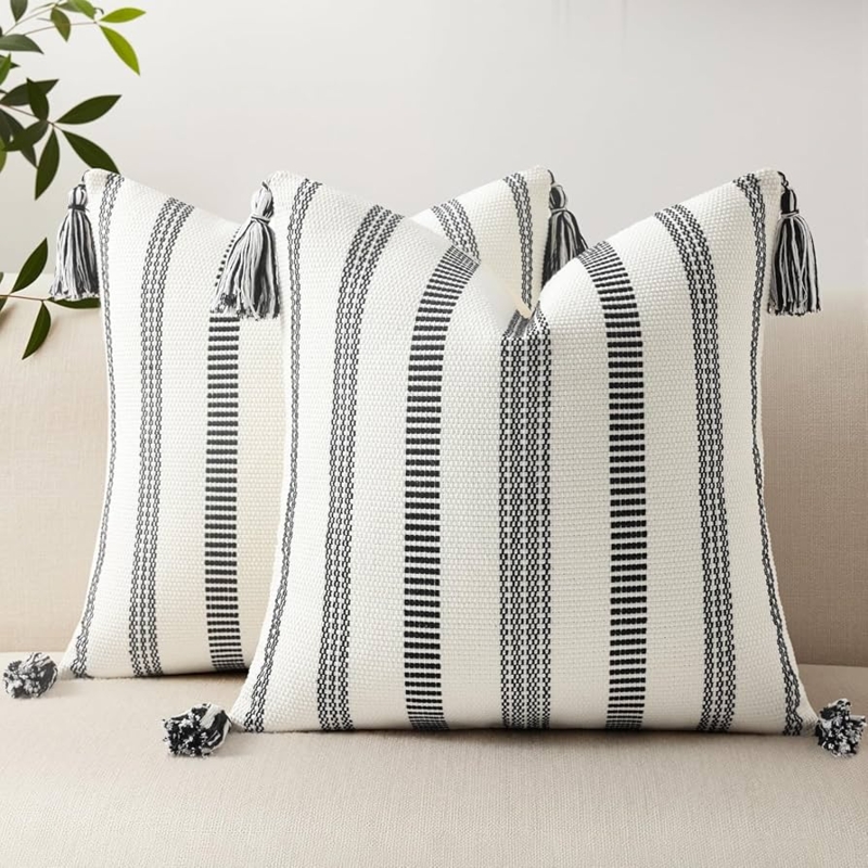 Throw Pillows: Black & Cream Thick Woven Striped Pattern, Tassels
