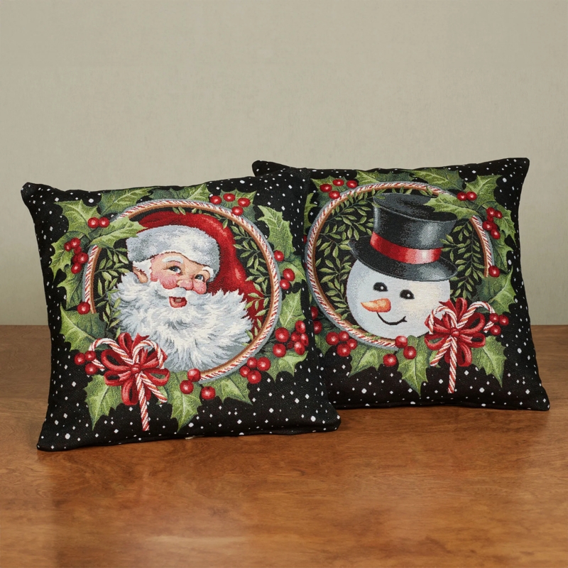 Throw Pillows Black Gold Embroidered Holly Jolly Botanical Border