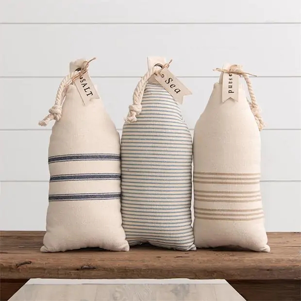 Throw Pillows, Buoy Shape, Rope Handle, Numeric Stencil, Nautical Style.