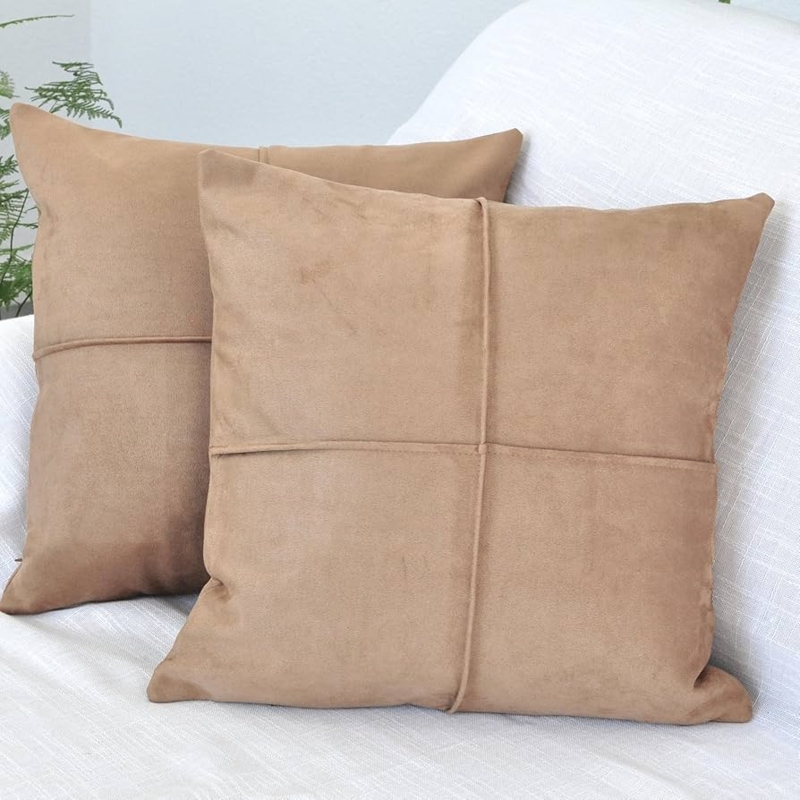 Throw Pillows: Caramel Suede Set with Topstitched Detail.