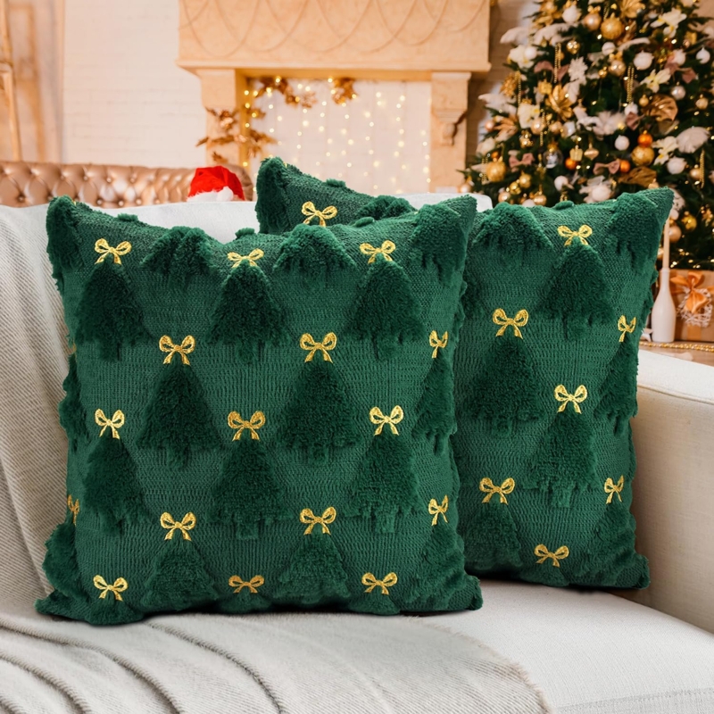 Throw Pillows Dark Green Tufted Tree Motif Textured Christmas Accents
