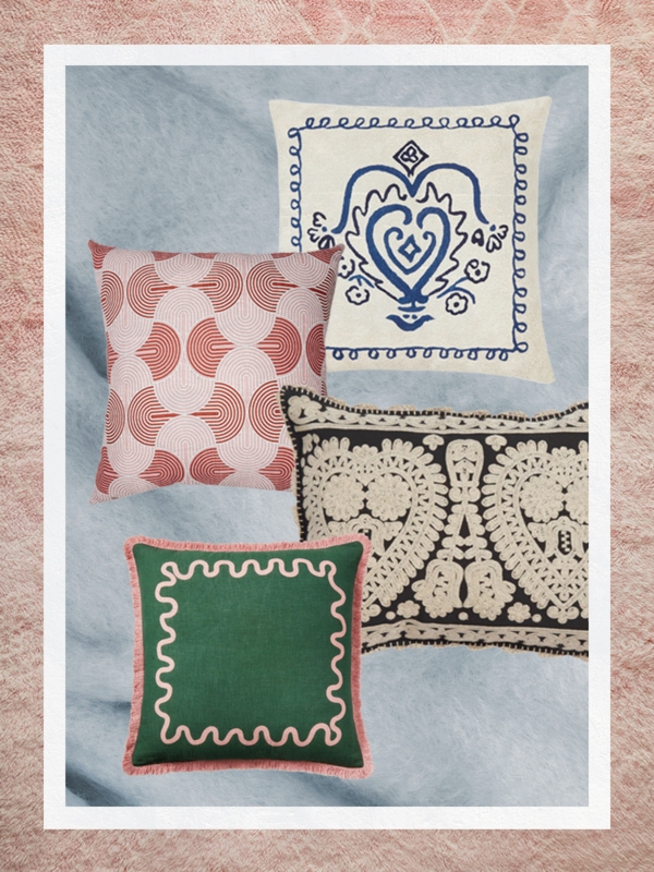 Throw Pillows: Embroidered Folk Motif Accent Pillows with Tassel Fringe