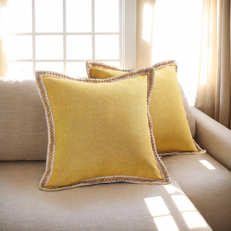 Throw Pillows, Frayed Fringe Edge, Gold Linen-Like, Set of 2, Bohemian