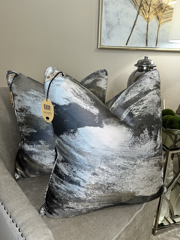 Throw Pillows in slate blue linen-like fabric with large button accents