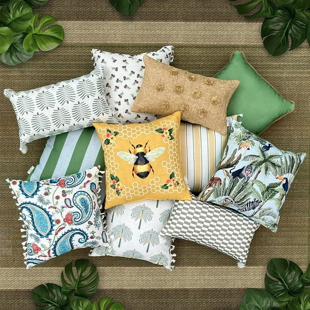 Throw Pillows: Navy Botanical & Geometric Patterns, Piped Trim, Set of 2