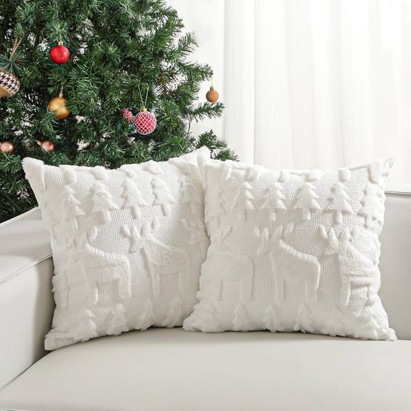 Throw Pillows Neutral 3D Embroidery Reindeer Motif Textured Pillow