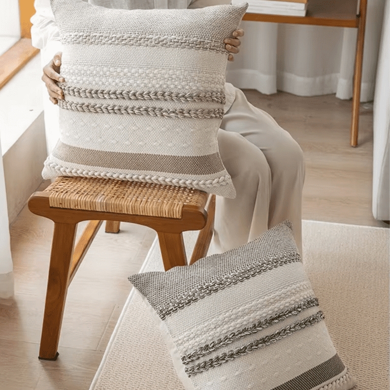 Throw Pillows, Neutral Khaki Tone with Striped Pattern