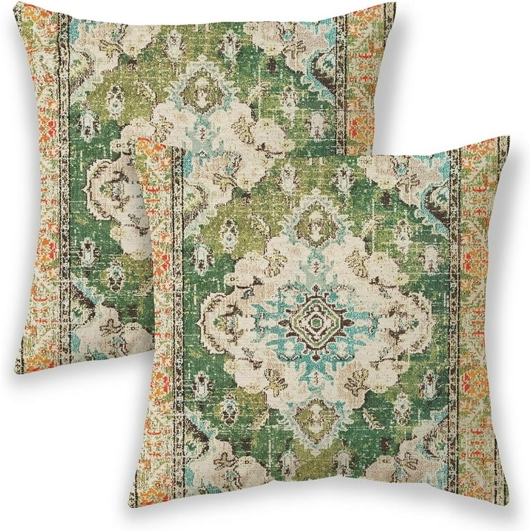 Throw Pillows, Olive Green Ethnic Geometric Pattern, Corner Tassels, 2 Pack