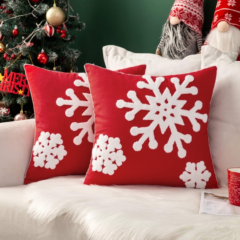 Throw Pillows Pair Vibrant Red Canvas Snowflake