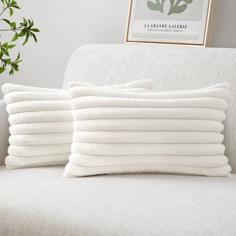 Throw Pillows Pair, White High-Pile Faux Fur Shaggy Lumbar