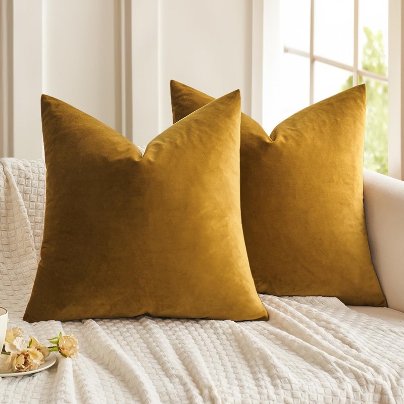 Throw Pillows, Plush Velvet, Mustard Yellow, Set of 2, Farmhouse Style