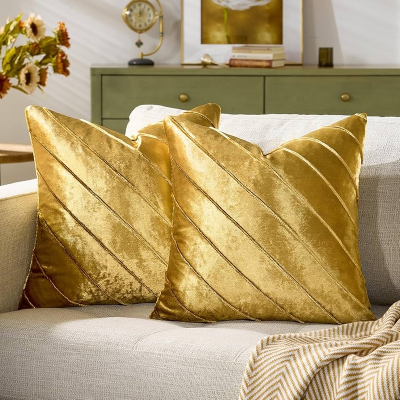 Throw Pillows, Ribbed Velvet, Gold, Set of 2, Modern Glam Accent