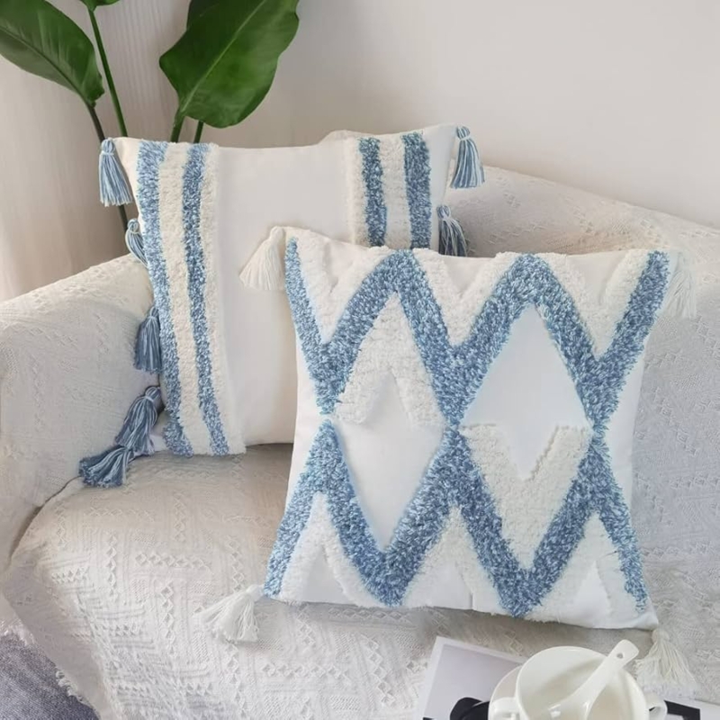 Throw Pillows Set: Blue & White Tufted Wave Pattern, Tassels
