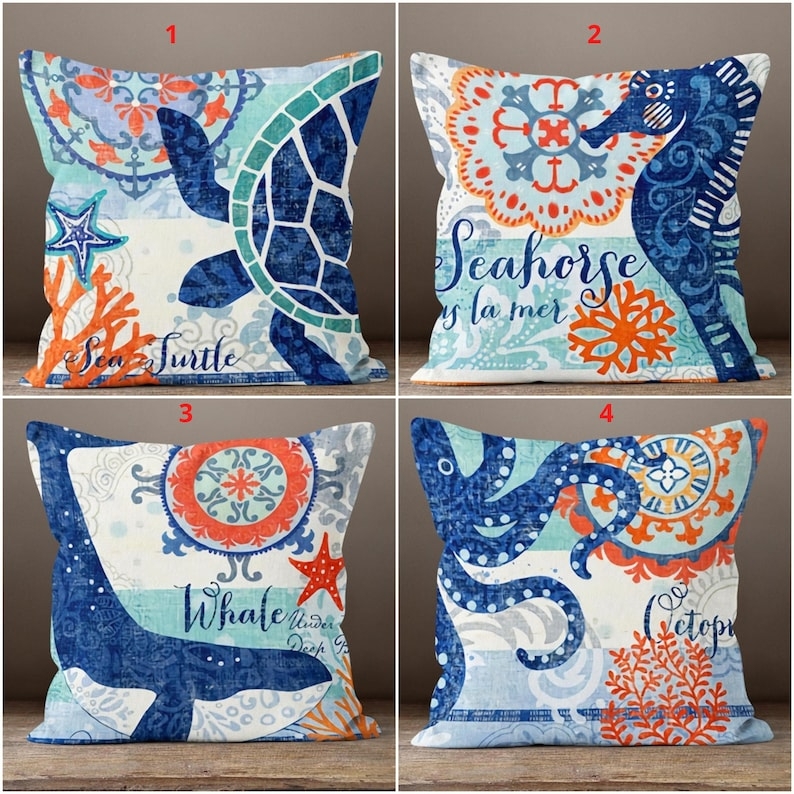 Throw Pillows Set Marine Life Motifs Blue Orange Linen-Like Texture