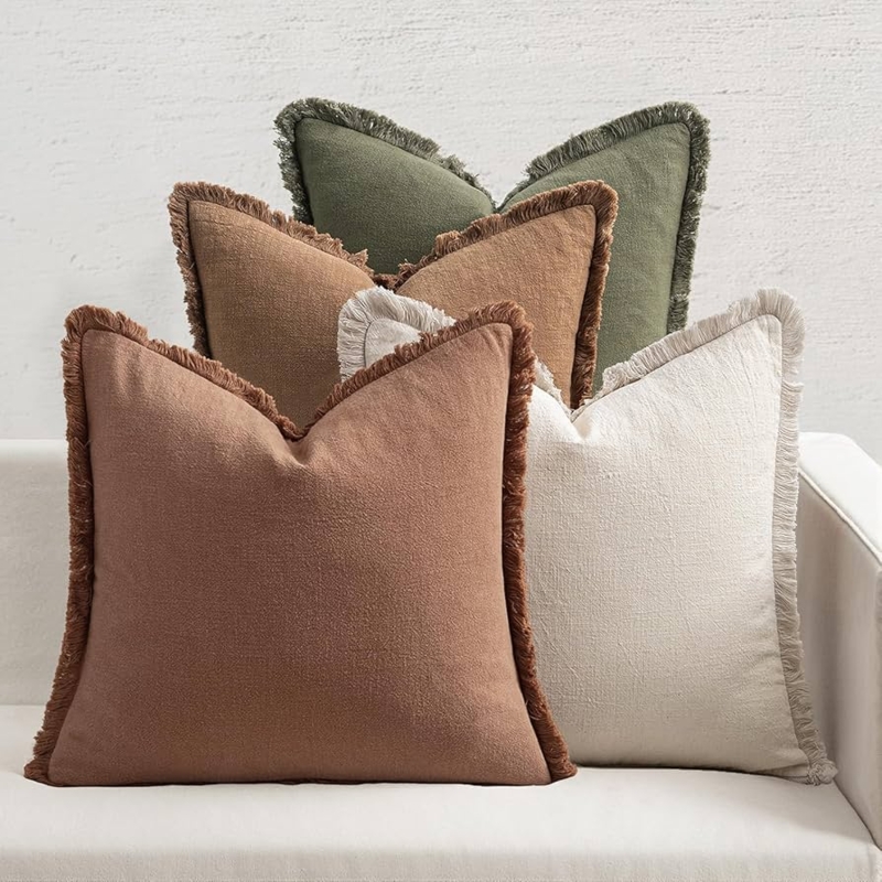 Throw Pillows Set of 4 Slub Texture Fringe Boho Farmhouse