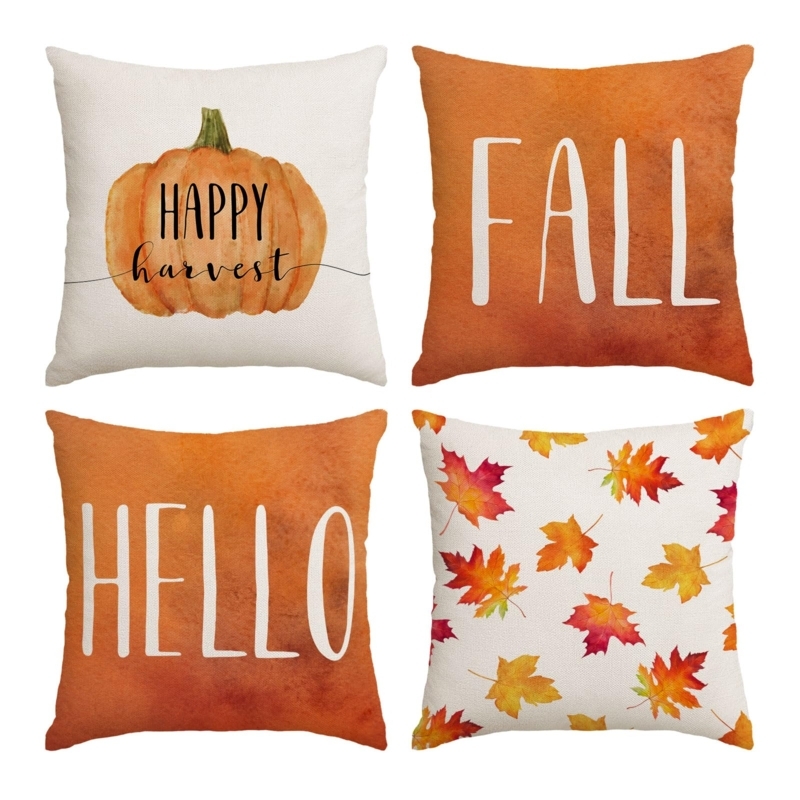 Throw Pillows Set Pumpkin Motif Harvest Theme Typography Rustic Porch