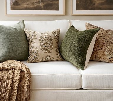 Throw Pillows: Tonal Green Set with Botanical Block Print & Velvet