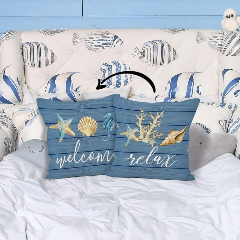 Throw Pillows with Canvas-like Texture and Navy Sea Life Graphics for Patio