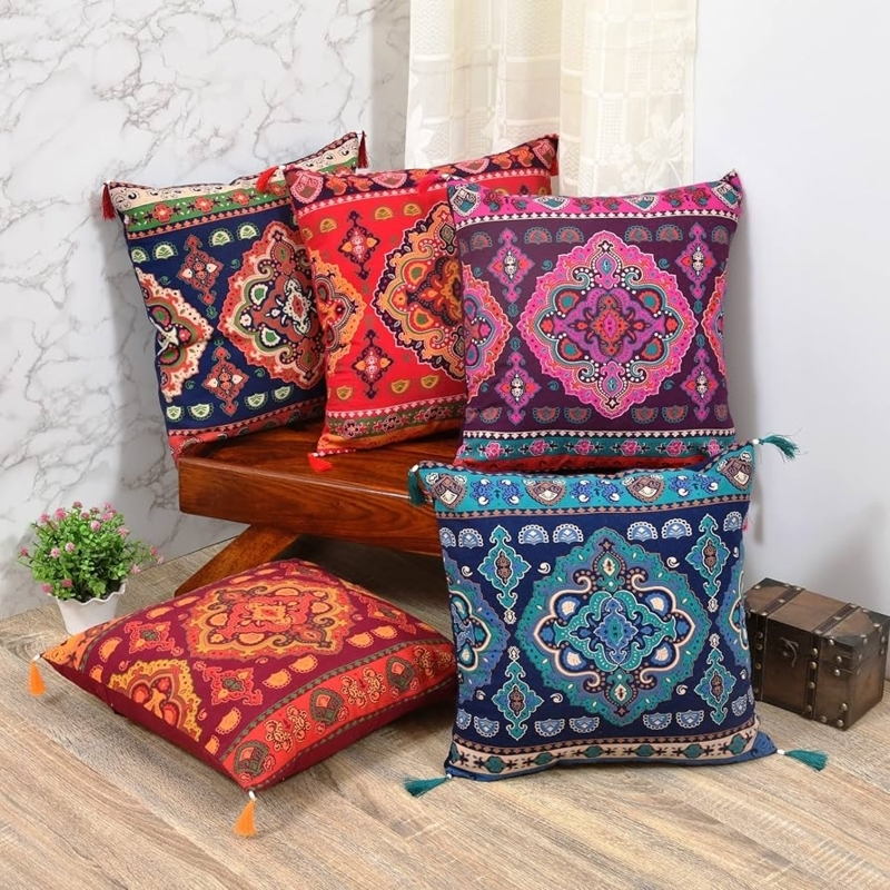 Throw Pillows with Pom Pom Fringe, Bohemian Mandala Throw Pillow Set