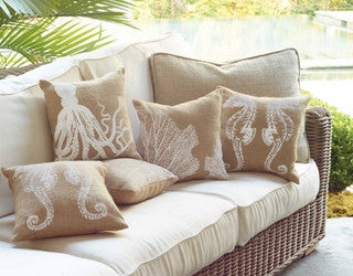Throw Pillows with Rustic Burlap Texture and Sea Life Graphics