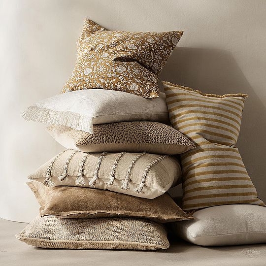 Throw Pillows with Textured Boucle, Neutral Woven Stripes Organic Decor.