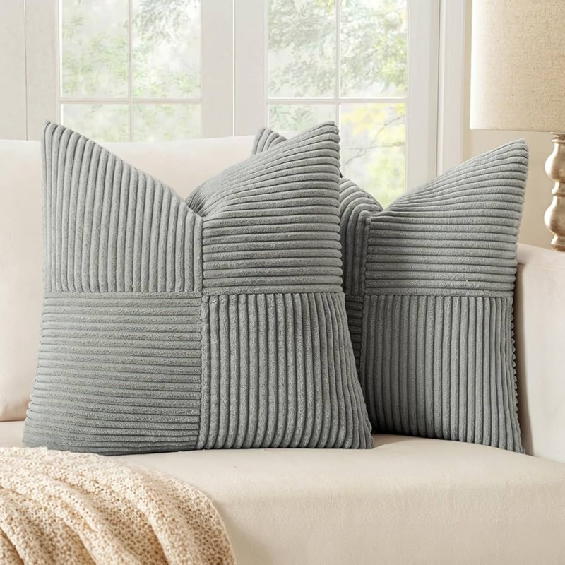 Throw Pillows with unique corduroy patchwork and cross-stitch detailing