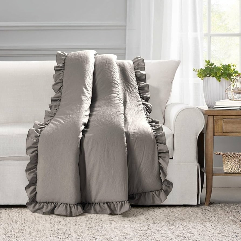 Tiered Ruffle Throw Blanket, Smocked Gray