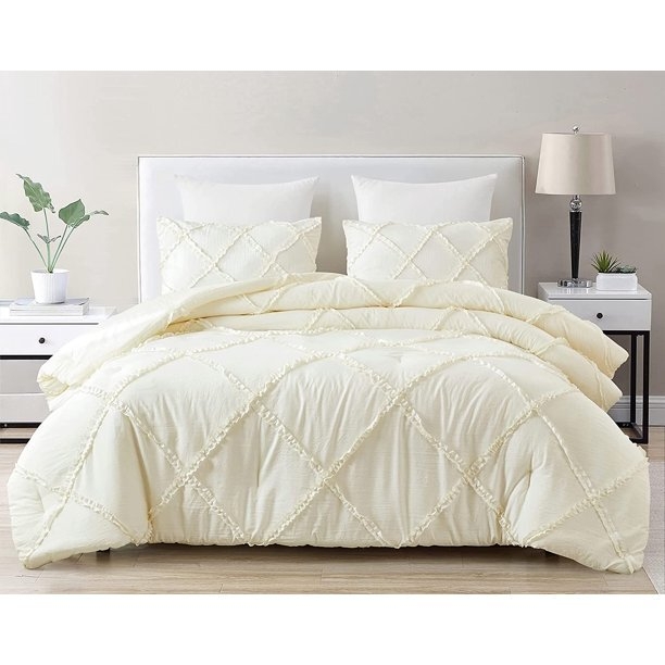Tiered Ruffled Comforter Set Criss Cross Stitching Shabby Chic Ivory