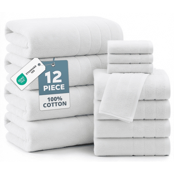 Towel Set 12 Piece Complete Collection, Cotton Dobby Border