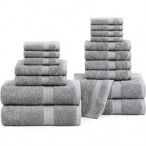Towel Set 18 Piece Charcoal Grey, Modern Cotton Dobby Border
