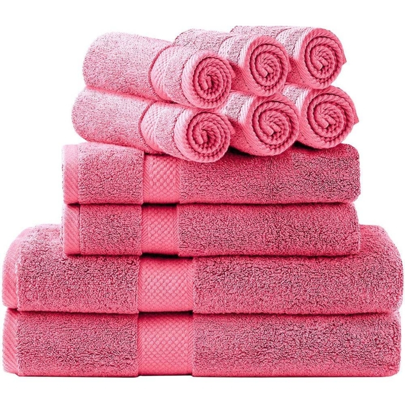 Towel Set: Blush Pink Ten-Piece Collection, Soft Cotton, Ribbed Border