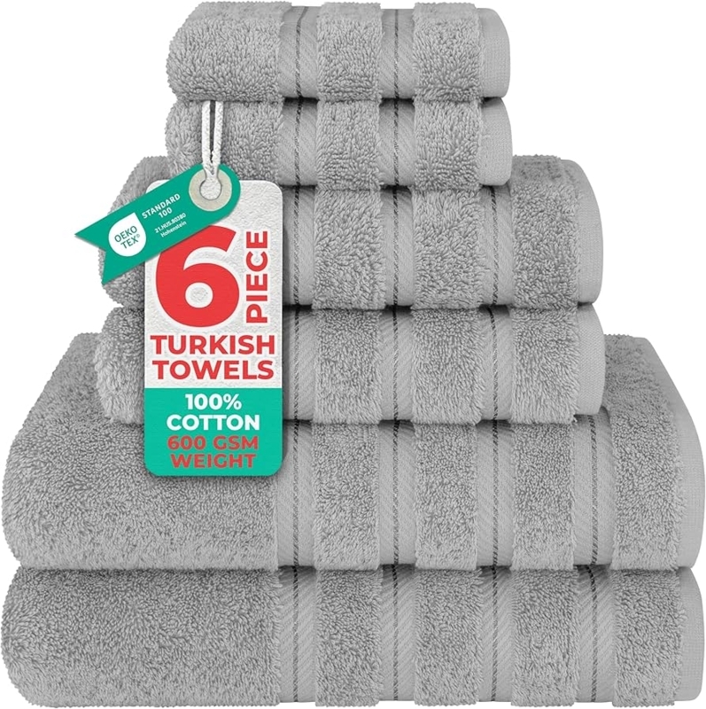 Towel Set: Light Grey Looped Texture, Dobby Border, Modern Spa Decor
