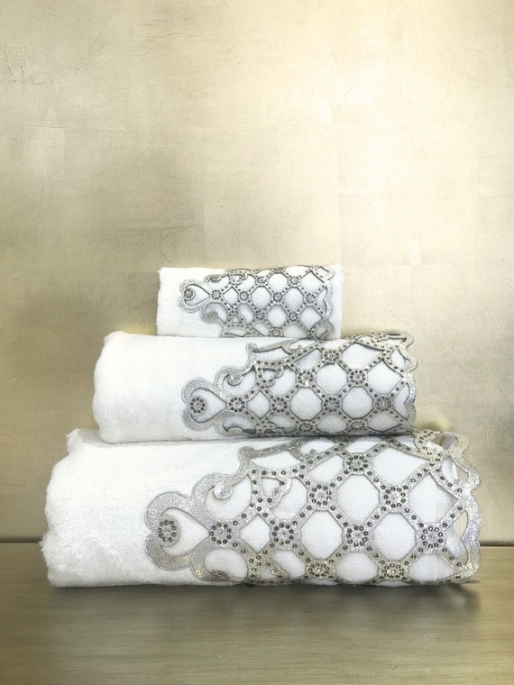 Towel Set Rhinestone Accents Lace Trim White Terry Cloth Glam
