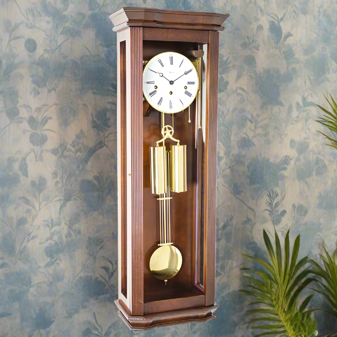 Traditional Cherry Wood Wall Clock Arched Top Glass Door Weights