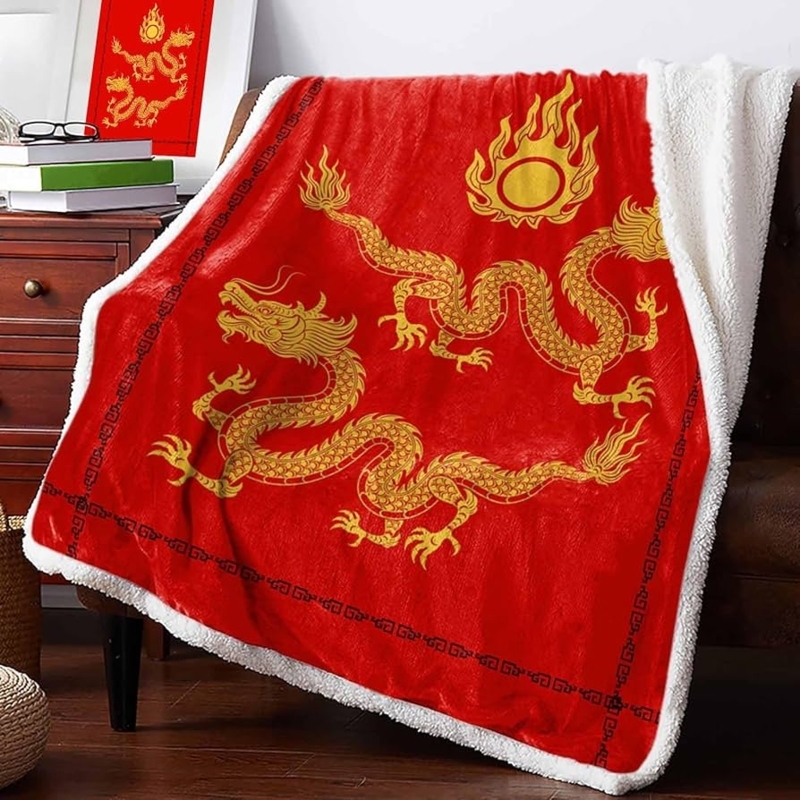 Traditional Chinese Dragon Throw Blanket in Red & Gold Plush Fleece