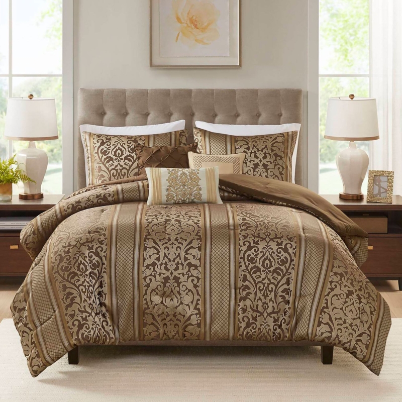 Traditional Comforter Set Jacquard Damask Chocolate Taupe Luxury Style