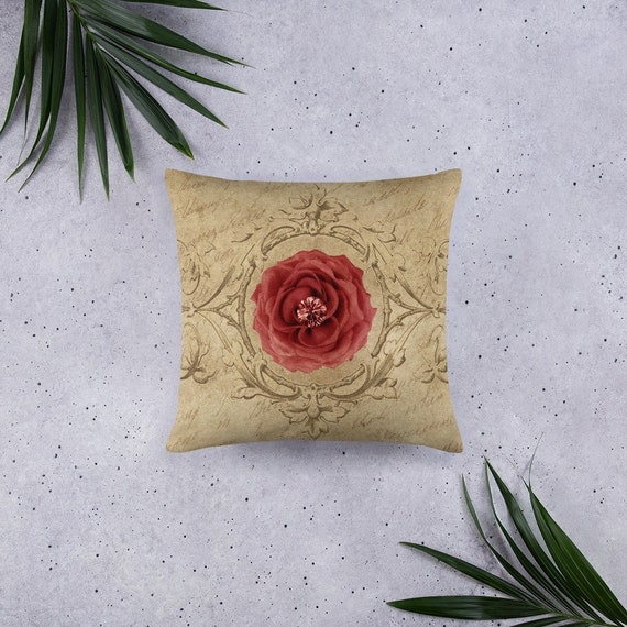 Traditional Floral Throw Pillows, Rose Print and Burgundy Set
