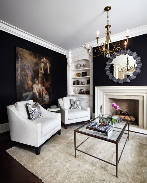 Traditional Living Room with Charcoal Wall and Blue and White Accents