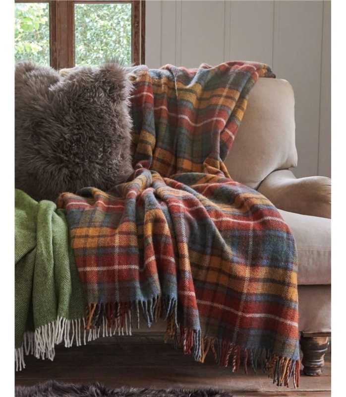 Traditional Red Tartan Plaid Wool Throw Blanket with Fringed Edges
